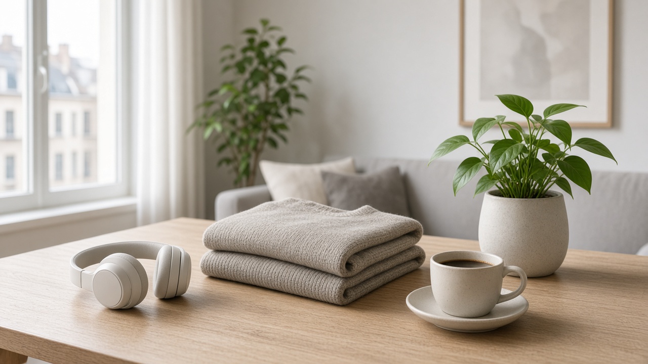 Tafel met een trui, koptelefoon en koffie